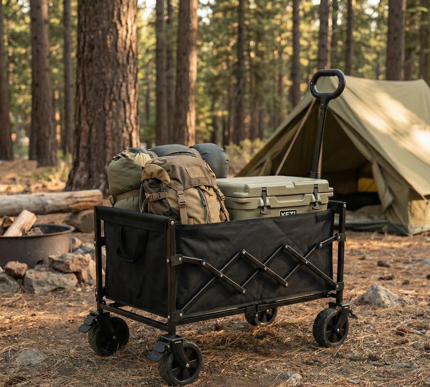 MONDII Carro de Carga Plegable 80 kg, Ruedas Grandes 360°, Freno, Carrito Playa y Camping, Carro Auxiliar para Compras y Jardín, Mango Ajustable